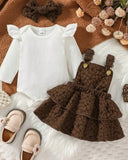 3PCS Baby Girl White Bodysuit, Brown Suspender Dress & Headband Set