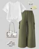 Girls’ Green Embroidered Bow White Short Sleeve Top & Cargo Pants Set