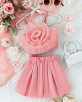 Girls Pink 2pcs 3D Flower Patchwork Camisole Top + Shorts