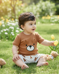 Baby Boy Brown Teddy Bear Ribbed Summer Set