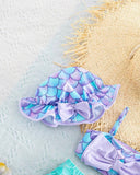 Girls Mermaid Ruffle Bikini Set with Hat – 3pc Swimwear Outfit for Beach & Pool