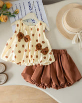 Girls 2-Piece 3D Bow Brown Sleeveless Top & Brown Bloom Shorts Set