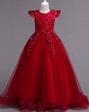 Girls’ Long Red Embroidered Princess Wedding Dress
