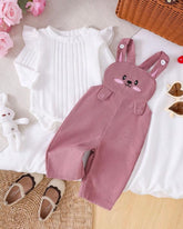 2pcs Baby Long Sleeve Casual Top + Cartoon Rabbit Embroidery Overalls