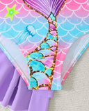 Young Girls Mermaid Tail Print One-Piece Swimsuit with Skirt