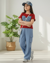 Tween Girls Blue Bow Graphic Red T-Shirt & Cargo Pants Set