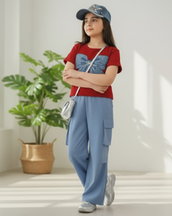 Tween Girls Blue Bow Graphic Red T-Shirt & Cargo Pants Set