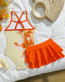 Young Girls Orange Floral Print One-Piece Swimsuit with Ruffle Skirt