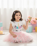 Girls Pink 3D Unicorn Cap Sleeve T-Shirt & Mesh Skirt 2-Piece Set