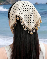 Beige crochet Bandana with Shell & Starfish Tassel