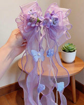 1pc Girls Fairy-Style Colorful Pearl Puff Tulle Bow Ribbon Hair Clip (3 Colors)