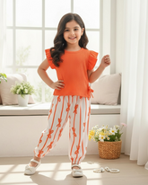 Baby Girls Orange Striped Ruffle Sleeve T-Shirt & Floral Pants Set