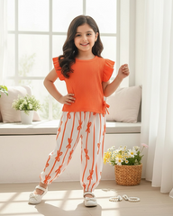Baby Girls Orange Striped Ruffle Sleeve T-Shirt & Floral Pants Set