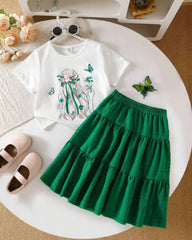 2pcs Girl Green Floral Print Shirt and Silhouette Skirt Set