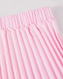Girls’ Pink Square Collar Puff Sleeve Top & Pleated Skirt Set