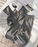Kids 2pcs Knitted Striped Polo Set – Black & White