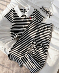 Kids 2pcs Knitted Striped Polo Set – Black & White