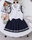 Cartoon Print Polo Vest And Pleated Skirt Casual Outfit For Girls