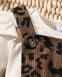 Baby Girl Brown Leopard Print Strap Dress Ribbed, Long Sleeve Bodysuit With Headband