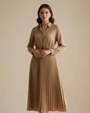 Solid Color Long Sleeve Shirt Paired With A-Line Skirt, Pleated Skirt Comes With Belt