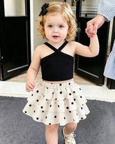 Baby Girl Black & White Polka Dot Dress Set – Korean Style Cross Strap Cake Dress