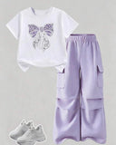 Tween Girls Purple Bow Embroidery White T-Shirt & Cargo Pants Set