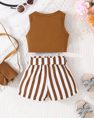 2pc Brown Baby Girl Summer Knot Hem Tank Top & Striped Belted Shorts Set