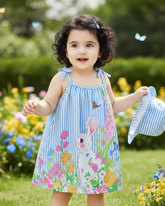 Baby Girl Blue Floral Suspender Dress with Bow – Summer Elegant Outfit