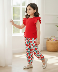 Baby Girls Red Striped Ruffle Sleeve T-Shirt & Floral Pants Set β 2pcs Summer Outfit