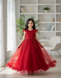 Girls’ Long Red Embroidered Princess Wedding Dress