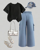 Girls Blue Bow Embroidery Black T-Shirt & Cargo Pants Set
