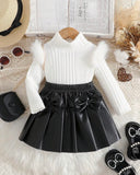 Baby Girl Fluffy Trim T-Shirt & 3D Bow Black Pleated Skirt