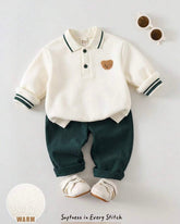 2pcs Baby Boy Bear Knit Pullover Sweatshirt & Green Winter Pants