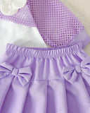 Baby Girls Purple 3PCS Elegant Outfit Set – Camisole, Pearl Flower Vest & Bow Pleated Skirt