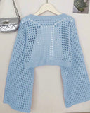 Tween Girls Teal Blue Crew Neck Long Sleeve Hollow Knitwear