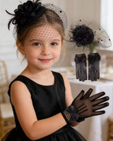 1 Set Black Children's Vintage Headpiece Hat And Mesh Gloves