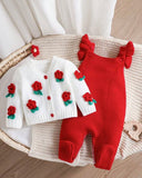 Newborn Baby Girl Red Floral Pattern Knitted Cardigan and Romper