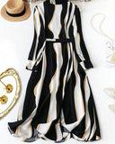 Women's Black Wave Striped Long Sleeve Casual Shirt Dress Maxi