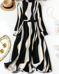 Women's Black Wave Striped Long Sleeve Casual Shirt Dress Maxi