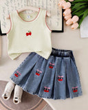 Girls Cherry Embroidered Top & Frilled Denim Skirt Set (3 Colours)