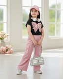 Girls Bow Pink Embroidery Black T-Shirt & Cargo Pants Set