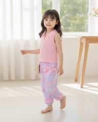 2pcs Girls’ Pink Knit Shirt & Ombre Plaid Pants