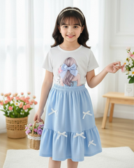 Bow Print T-Shirt & Sky Blue A-Line Skirt
