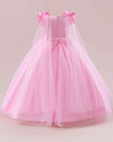 Girls Pink Floral Lace Princess Dress – Bowknot Long Gown