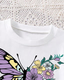 Butterfly Pattern Printed Short Sleeve T-Shirt And Elastic Waist Skirt