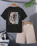 Boy Lion Print Black Short Sleeve T-Shirt & Shorts Summer Outfit Set