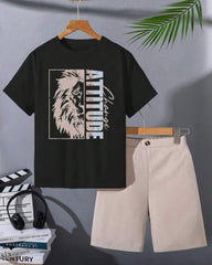 Boy Lion Print Black Short Sleeve T-Shirt & Shorts Summer Outfit Set