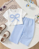 2pcs Baby Girl Sky Blue Striped Bow T-Shirt & Pants Set