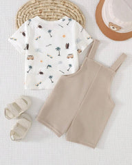 2pcs Baby Boy Cartoon Bear Knit Outfit – Short Sleeve Pullover & Bib Overalls Set