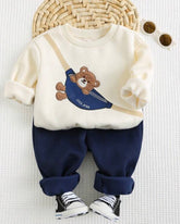 2pcs Baby Boy Bear Round Neck Hoodie And Blue Pants Set